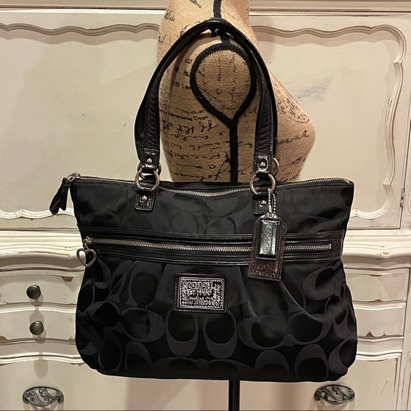 Coach Signature Poppy Diasy Black Jacqard Sateen Canvas Large Tote Bag NWOT - Picture 7 of 11